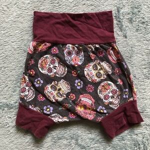 Sugar Skull Print Kids Bottoms - Maroon and Black